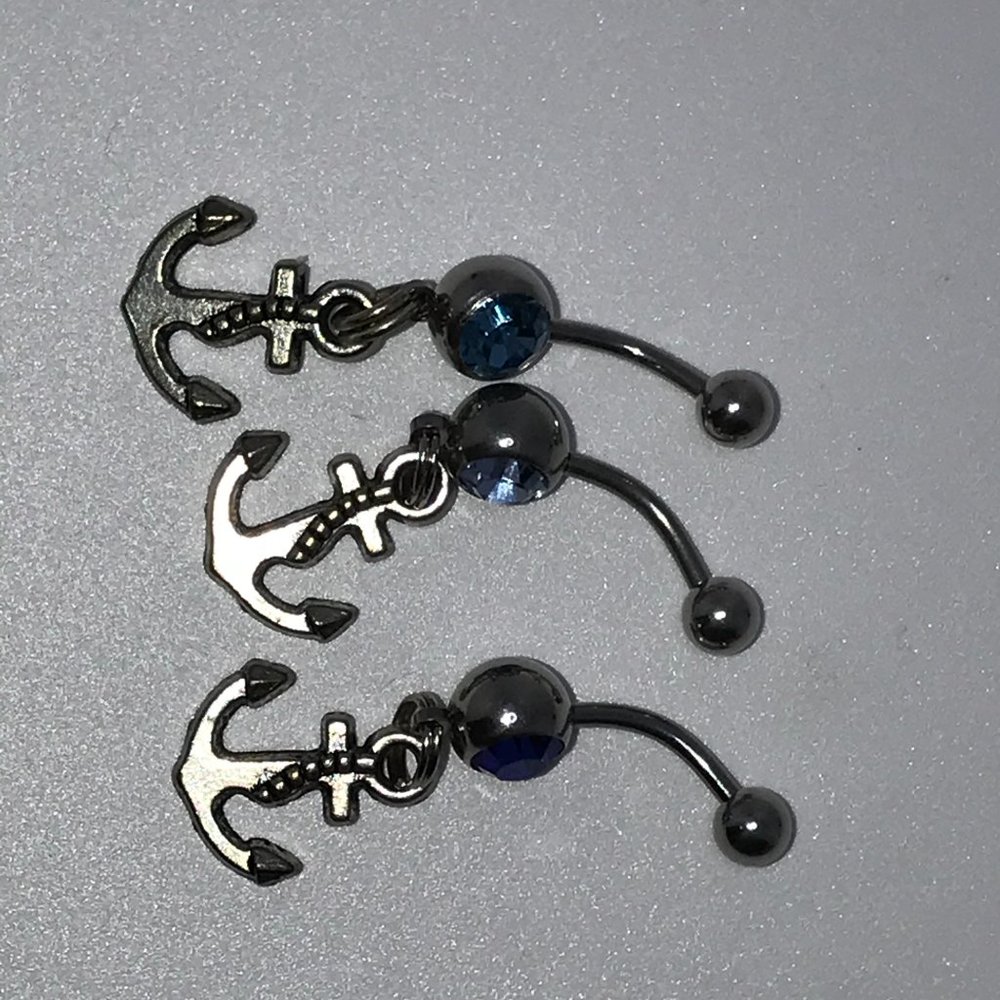 Small Anchor with Aqua Blue Gem Dangle Belly Ring - Picture 5 of 5